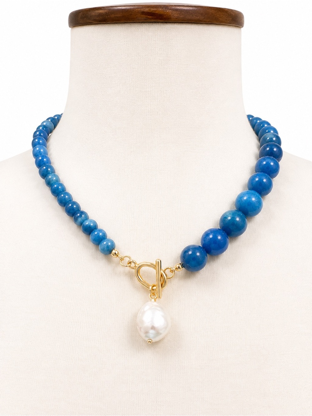Handmade Stone Glass Blue Beaded Necklace with Pearl Drop - Unbranded